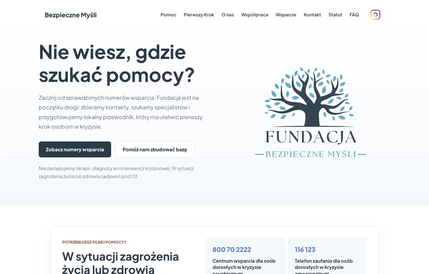 Podgląd strony Bezpieczne Myśli z jasnym układem treści i spokojnym akcentem wizualnym