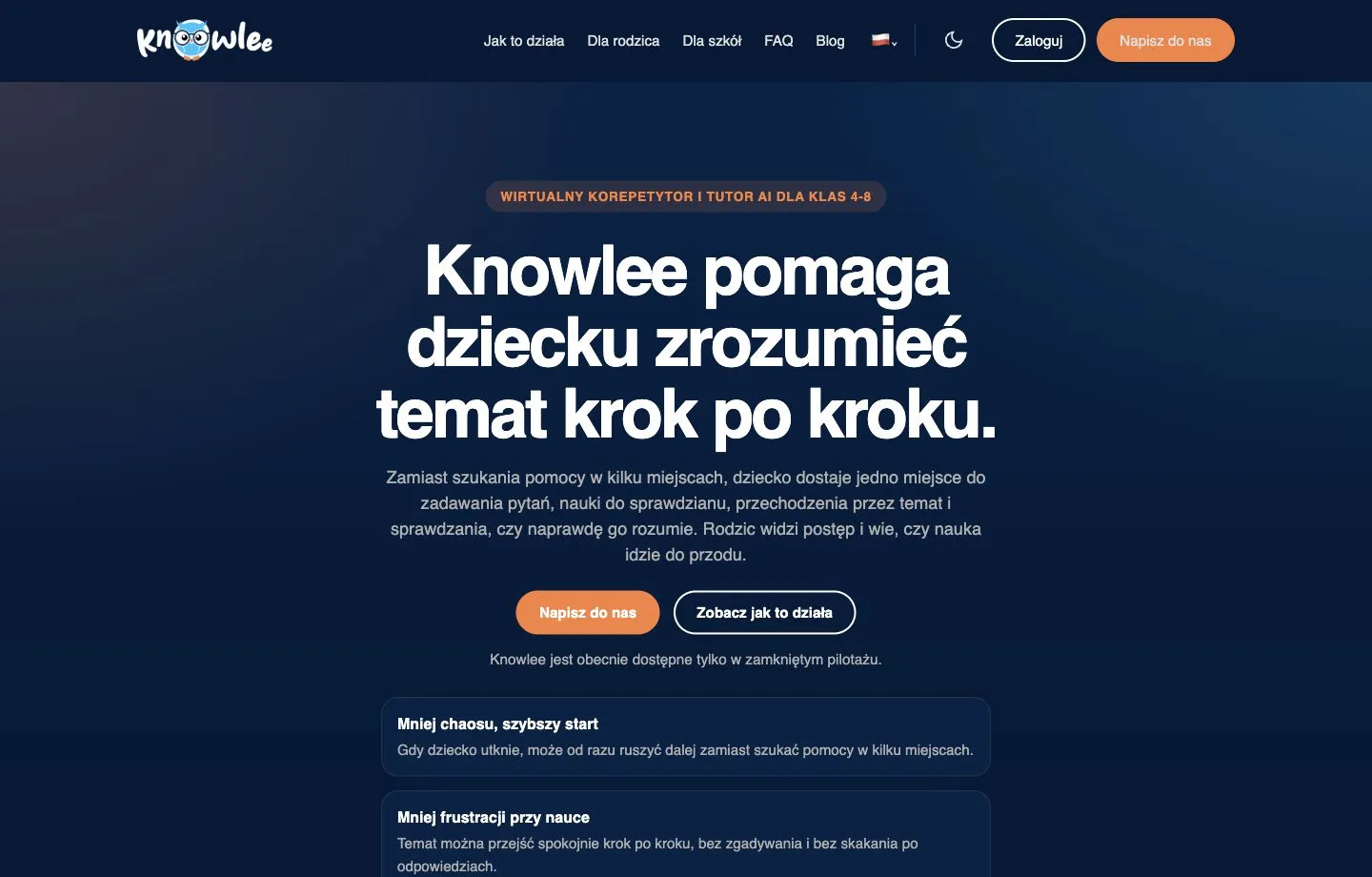 Podgląd strony Knowlee z układem komunikacji produktu edukacyjnego AI