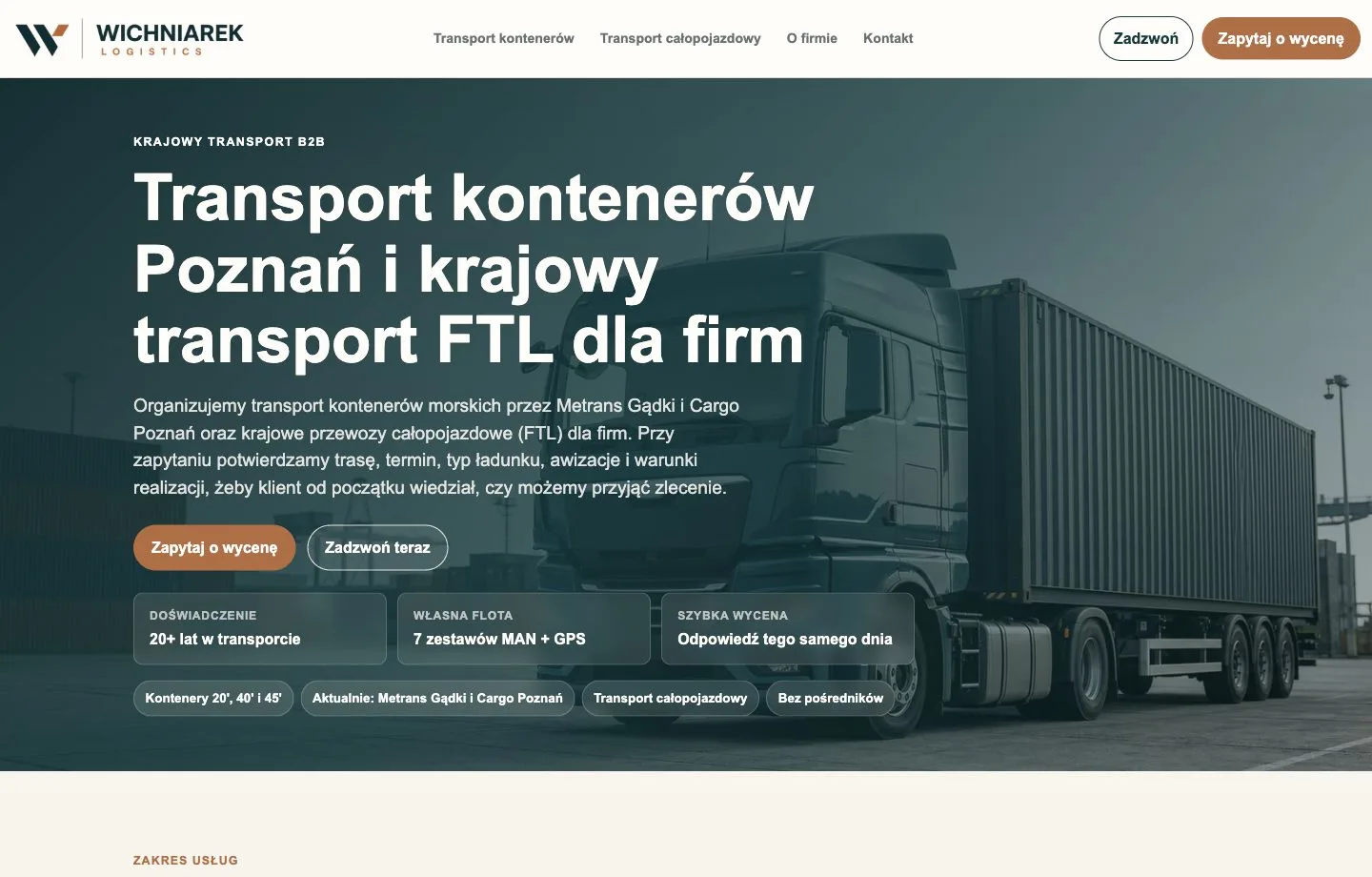 Podgląd strony Wichniarek Logistics z układem oferty transportowej i formularzem kontaktowym